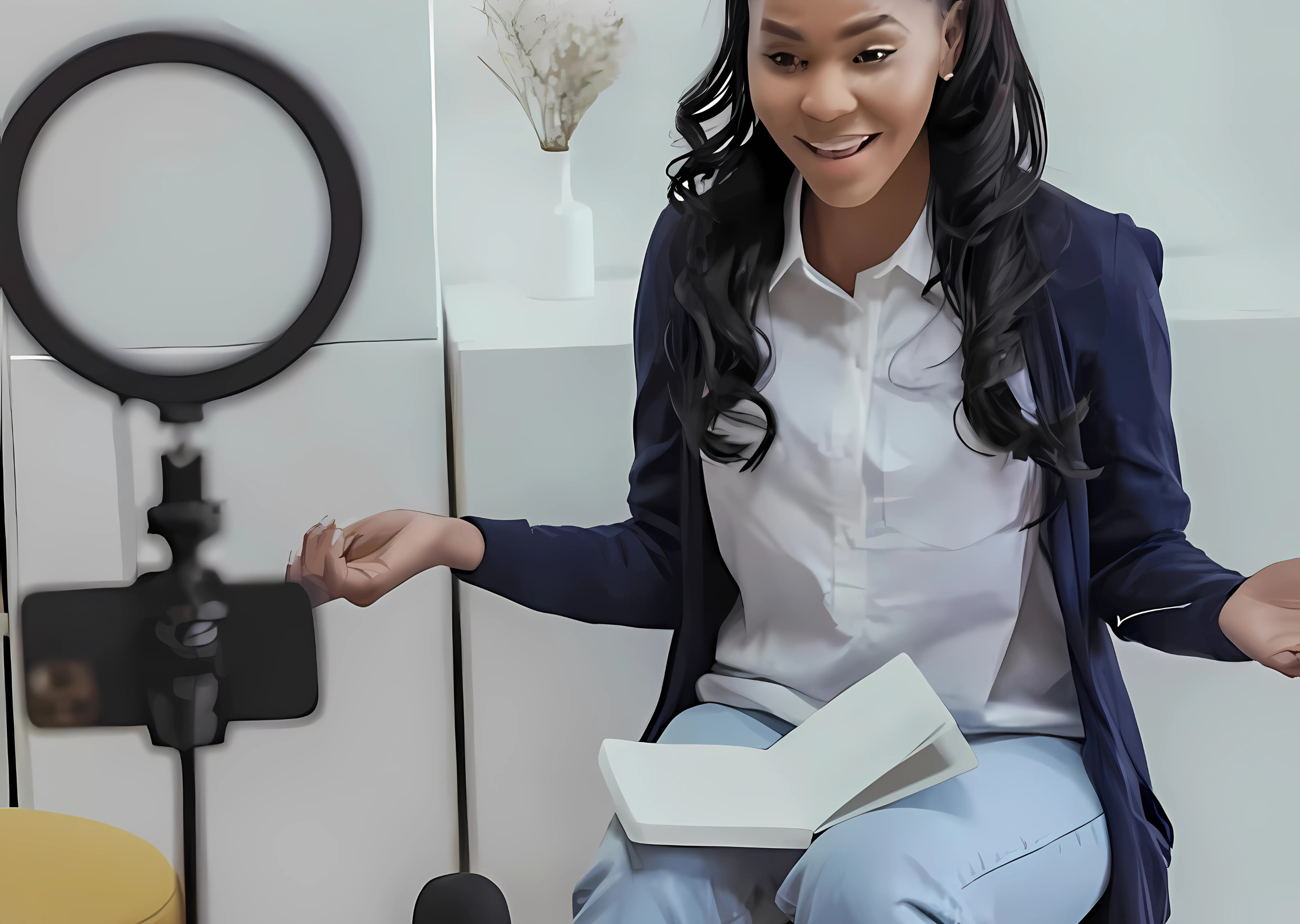 Influenceuse noire parle devant sa ring light ; fournisseur cosmétique sénégal ; programme influenceuses ; cosmétiques pour pharmacies sénégal